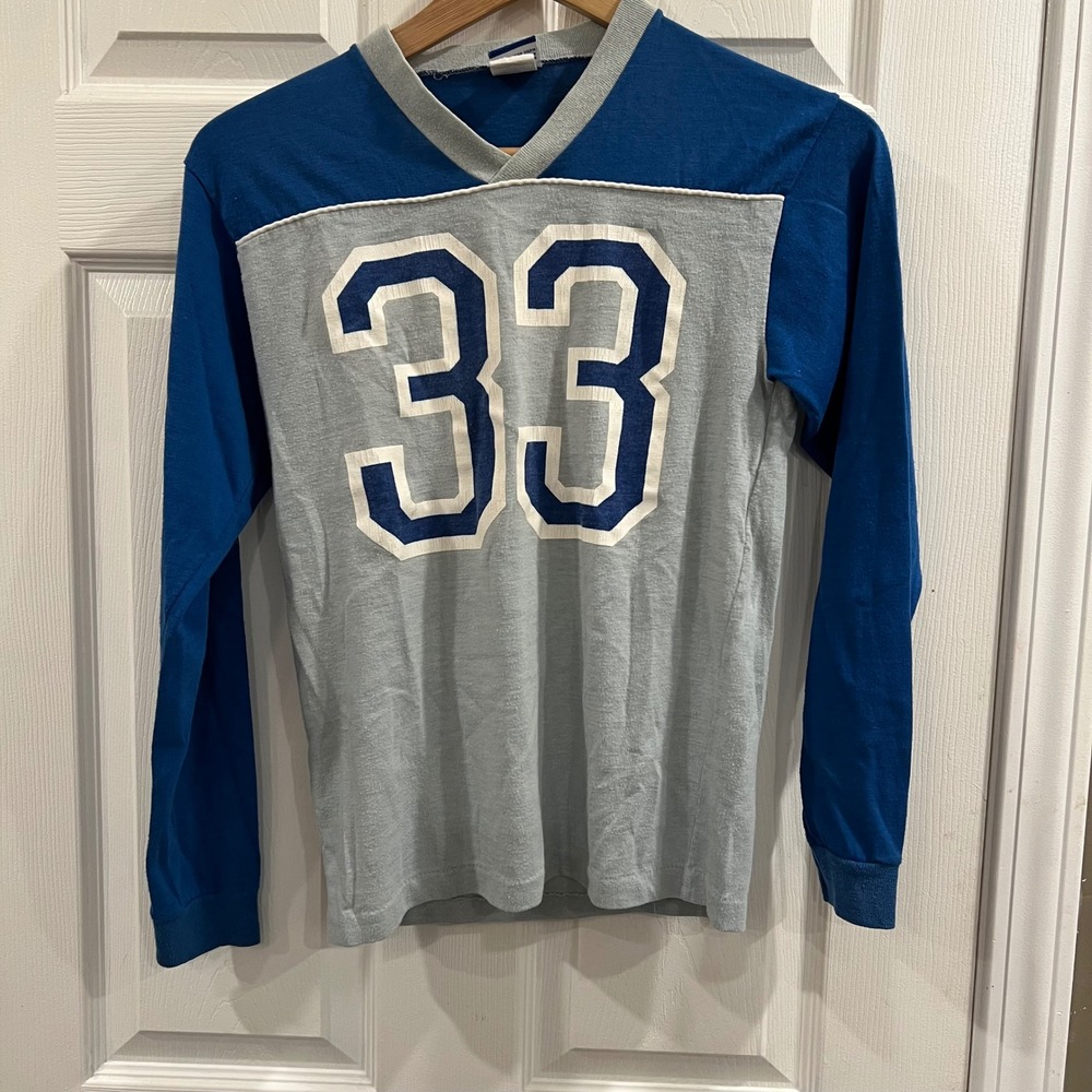 Vintage Donmoor Kids Blue Gray Jersey Long Sleeve Number 33 Single Stitch 16